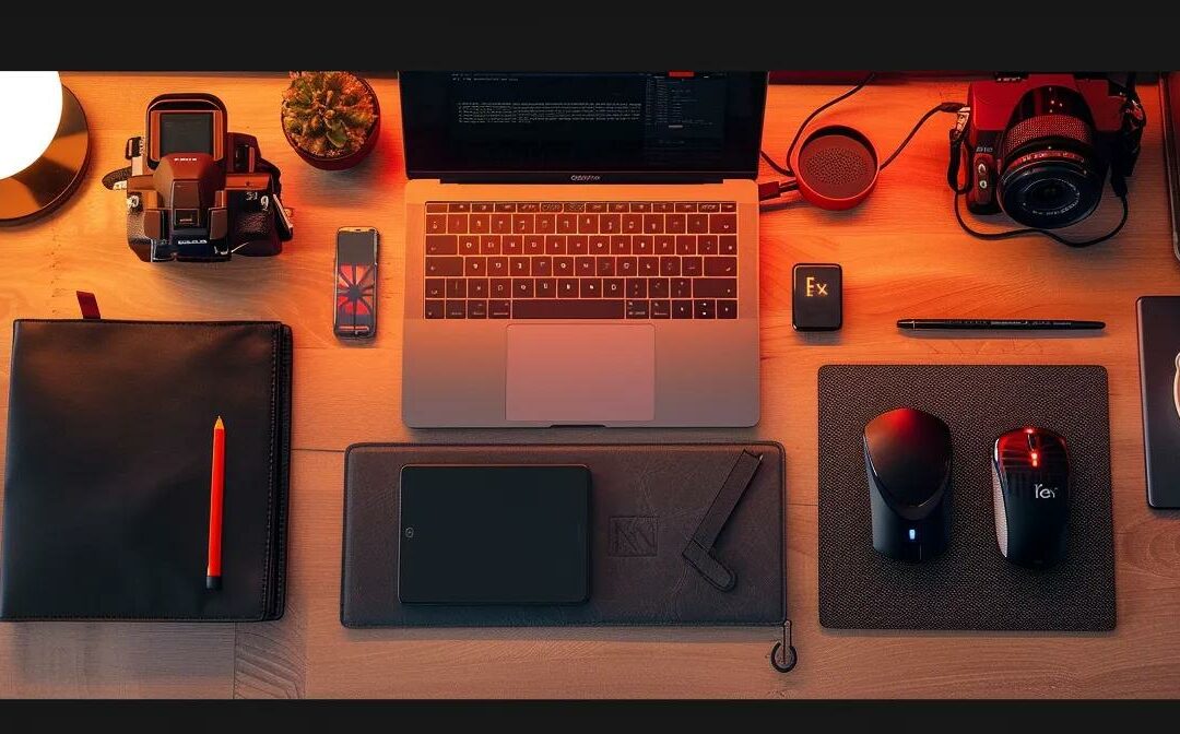 a sleek and modern workspace features a stylish digital nomad starter kit laid out on a polished desk, showcasing essential gadgets and tools for efficient remote work and travel in a vibrant urban office setting.
