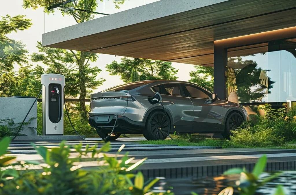 Electric vehicle charging at a modern station in a sustainable landscape