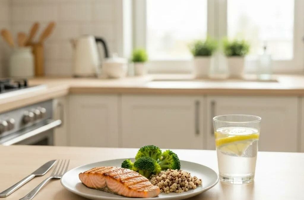 Healthy meal prep for intermittent fasting featuring grilled salmon, broccoli, and quinoa in a bright kitchen