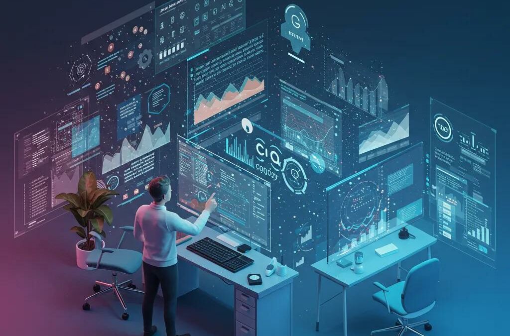 Futuristic workspace illustrating the integration of Machine Learning and Natural Language Processing with digital interfaces