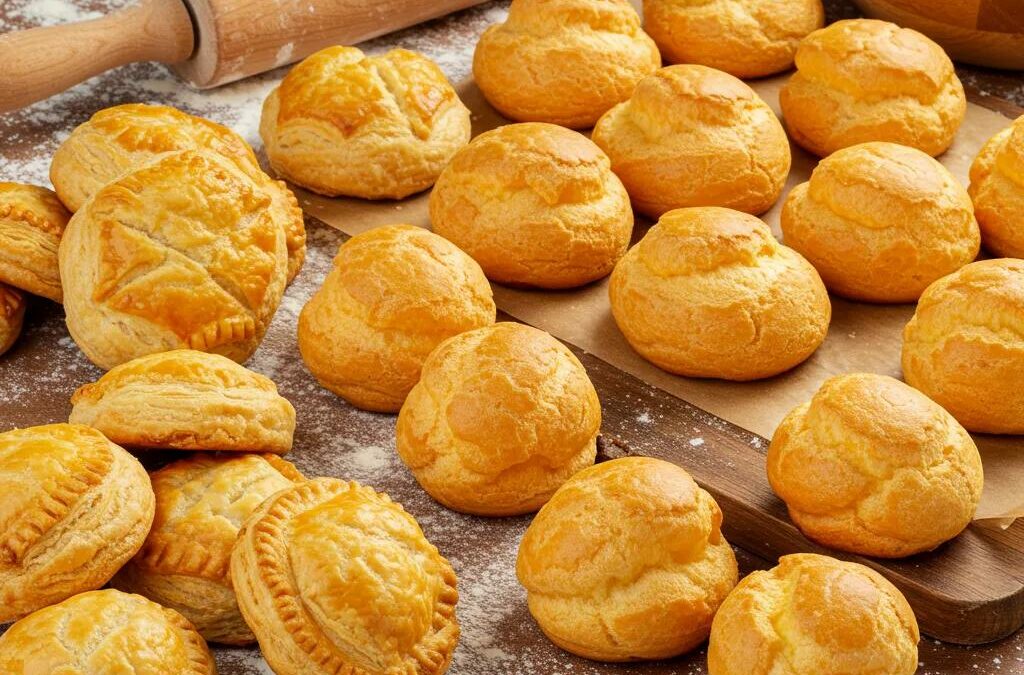Freshly baked pastries including puff pastry, choux pastry, and shortcrust pastry in a warm kitchen setting
